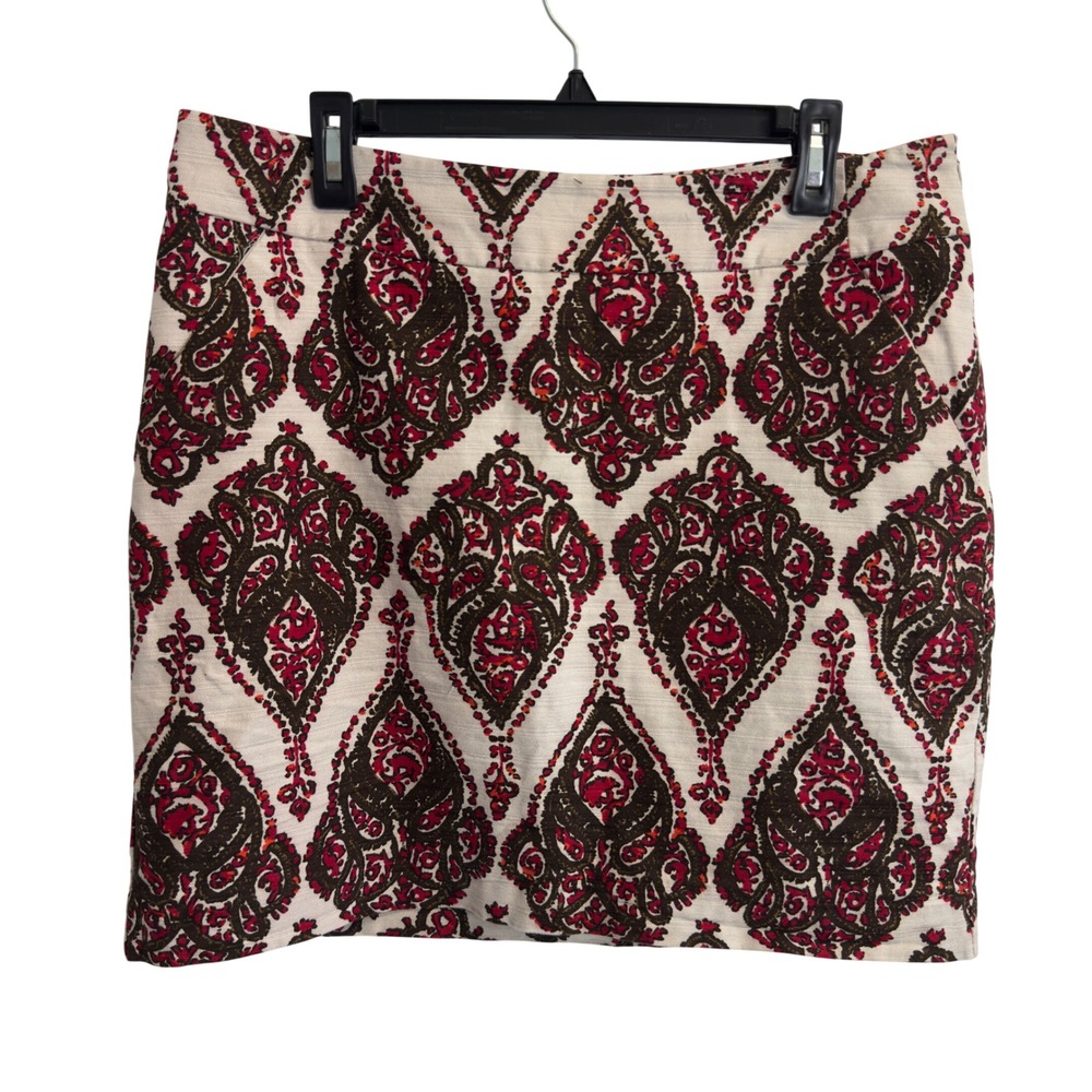 Merona Red Brown Damask Paisley Cotton Mini Skirt Side Zip Pockets Size 14